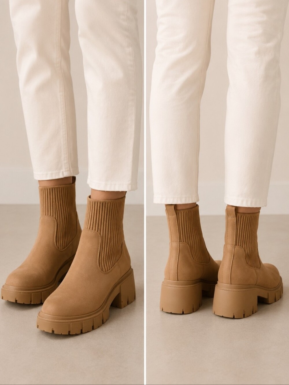 ZBY Camel Sock Chelsea Lug Sole Ankle Boots Chunky Platform Size 8.5